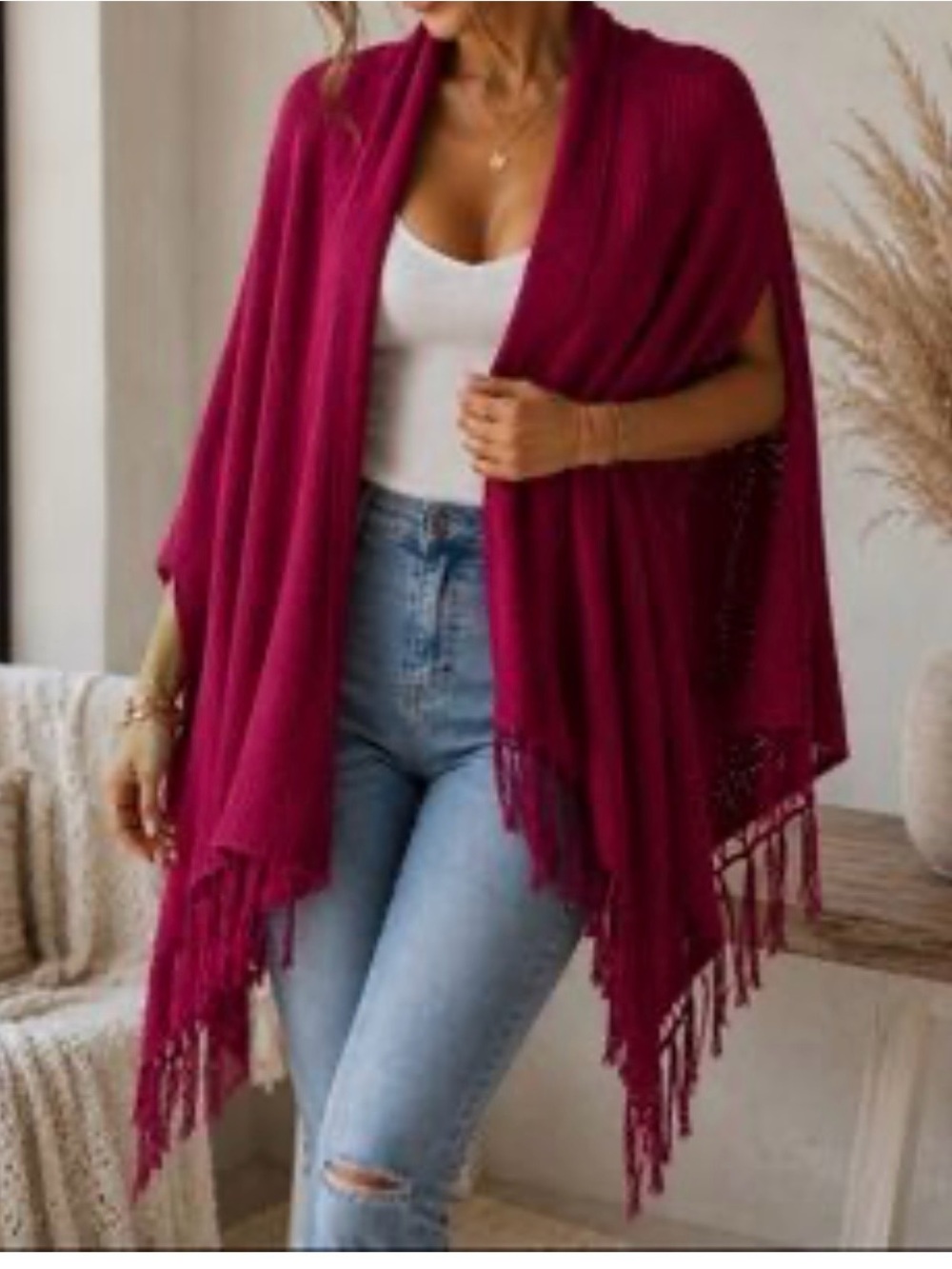 Women's Open Front Fringe Cardigan Sweater - Raspberry